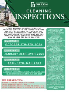 Poster announcing 'Cleaning Inspections' for The Green on Campus Drive with schedule blocks for Quarters 1–4 and a right-side text column of rules.