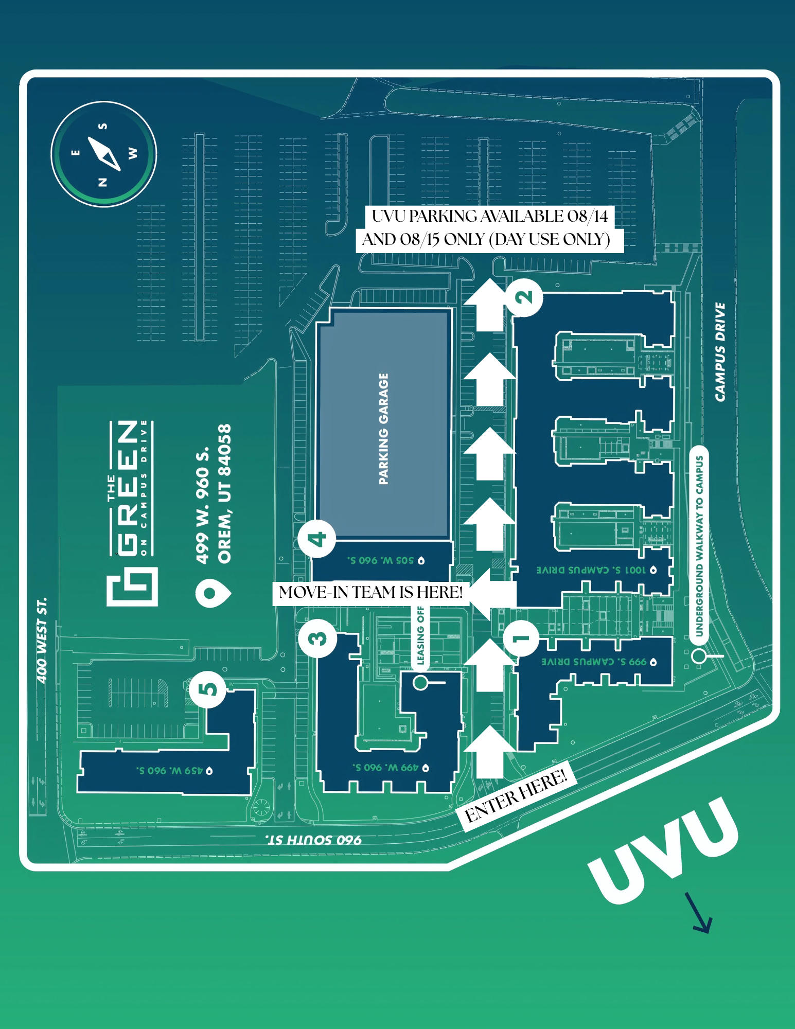 Overhead campus map with arrows and labels showing move-in directions and where the move-in team is located at UVU Campus.