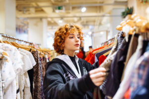 Woman with curly red hair browsing clothing on a rack in a bright shop near shelves of garments in a store.